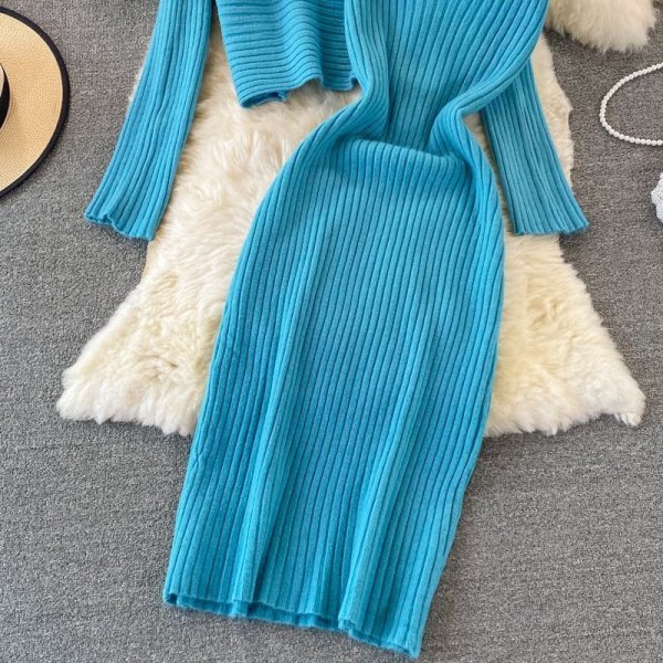 chic short knitted sweater top with straps, V-neck temperament, hip-packed dress, two-piece suit