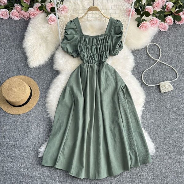 French Vintage Square Neck Waist Dress Women Summer Design Bubble Short Sleeve Fairy Skirt