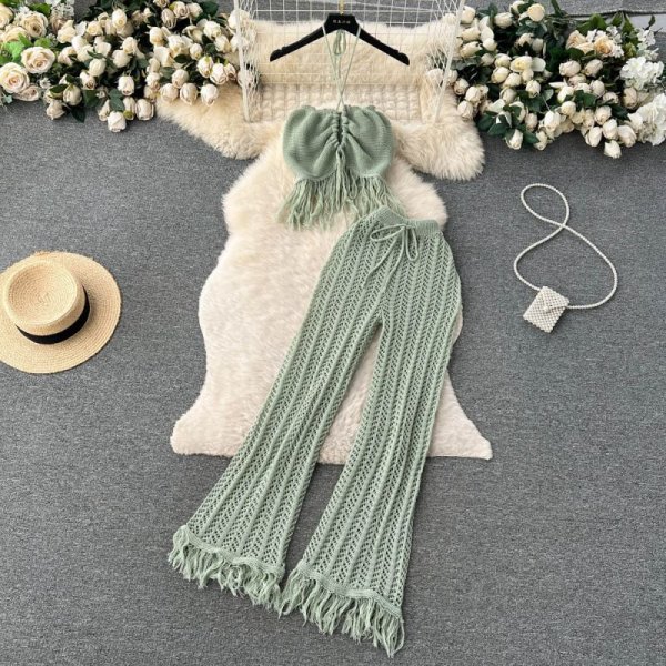 Knit Tassel Hanging Neck Top High Waisted Cutout Pants Two Piece Set