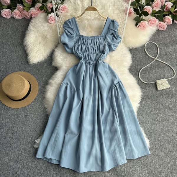 French Vintage Square Neck Waist Dress Women Summer Design Bubble Short Sleeve Fairy Skirt