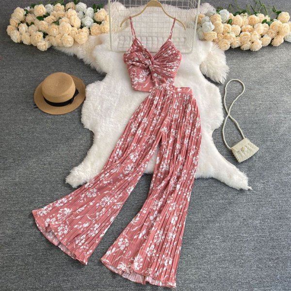 Sexy V-neck twisted halter short top high-waisted pressed pleated wide-leg pants two-piece suits