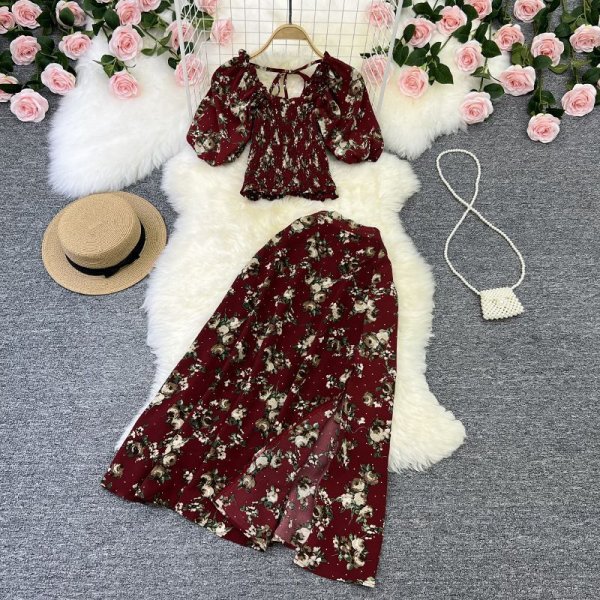 Square Neck Sweet Slim Short Top High Waist Split Floral Half-body Skirt Two Piece Set