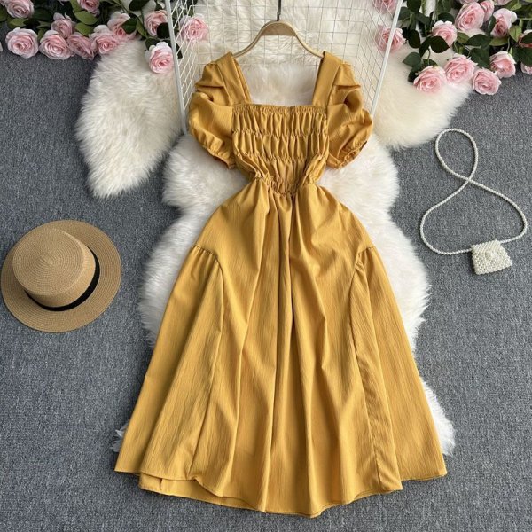 French Vintage Square Neck Waist Dress Women Summer Design Bubble Short Sleeve Fairy Skirt