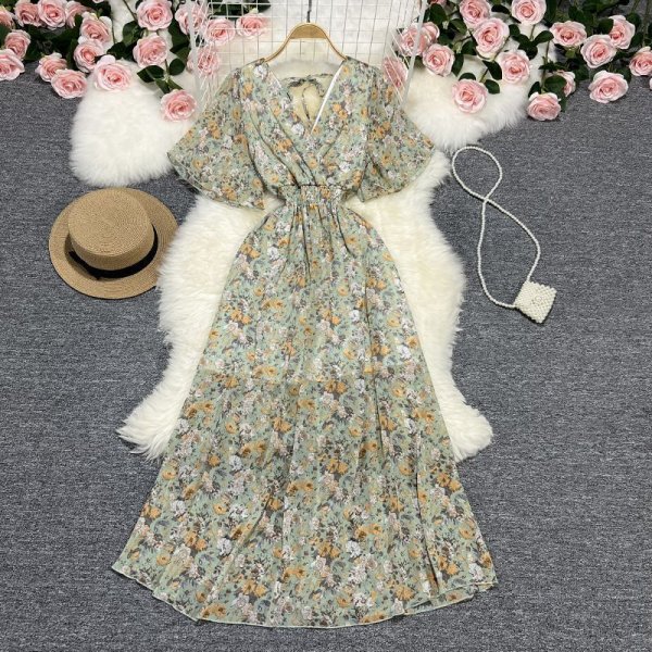 Floral V-Neck Dress Beach Vacation Style Chiffon A-Line Long Dresses