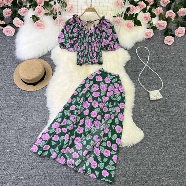 Square Neck Sweet Slim Short Top High Waist Split Floral Half-body Skirt Two Piece Set