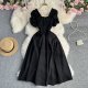 French Vintage Square Neck Waist Dress Women Summer Design Bubble Short Sleeve Fairy Skirt