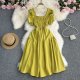 French Vintage Square Neck Waist Dress Women Summer Design Bubble Short Sleeve Fairy Skirt