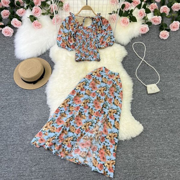 Square Neck Sweet Slim Short Top High Waist Split Floral Half-body Skirt Two Piece Set