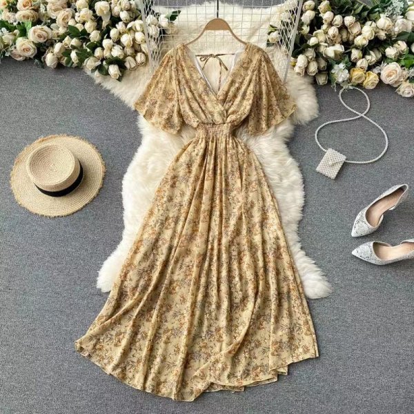 Floral V-Neck Dress Beach Vacation Style Chiffon A-Line Long Dresses