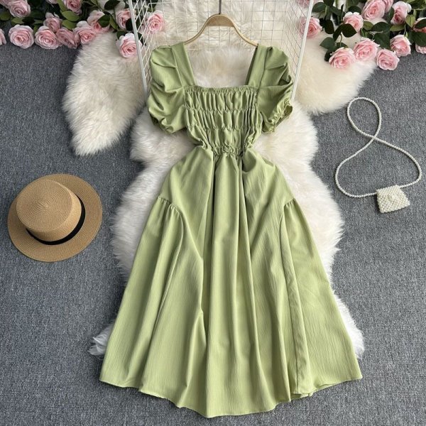 French Vintage Square Neck Waist Dress Women Summer Design Bubble Short Sleeve Fairy Skirt